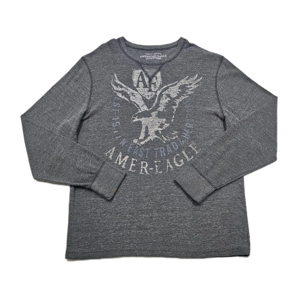 American Eagle Outfitters Mens XLarge Gray Printed Thermal Waffle Knit Shirt